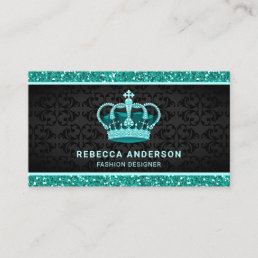 Black Damask Faux Teal Mint Glitter Royal Crown Business Card