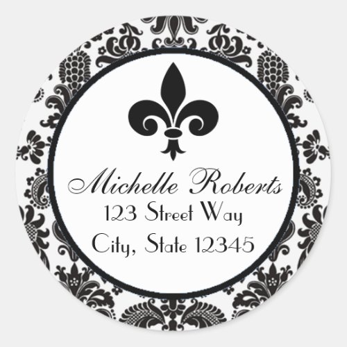 Black Damask Fleur De Lys Address Label