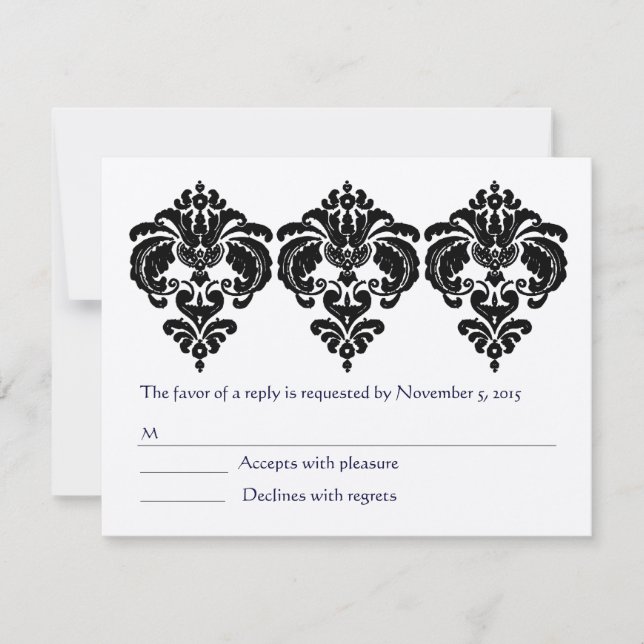 Black Damask Floral Elements RSVP Card (Front)