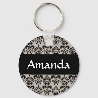 Black Damask Floral Personalized Name Key Chain