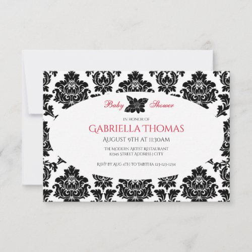 Black Damask  Flower _ 3x5 Baby Shower Invitation