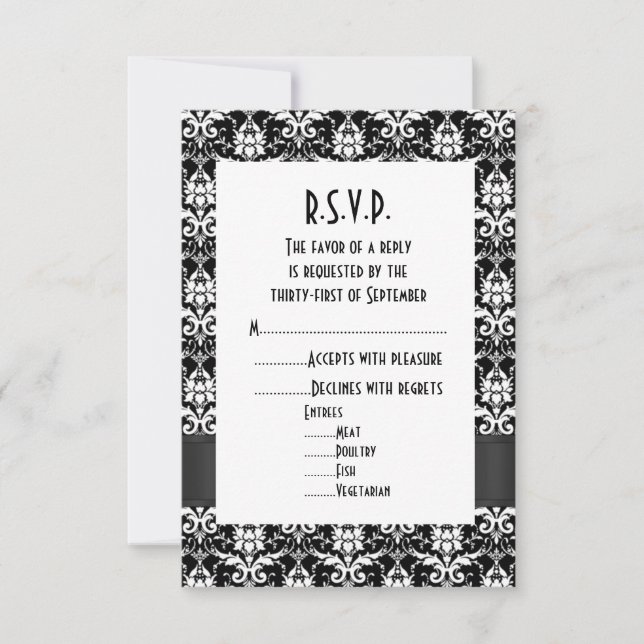 Black damask formal wedding R.S.V.P RSVP Card (Front)