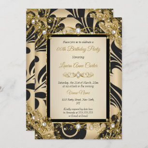 Black Damask Gold Beige Photo Birthday Party Invitation