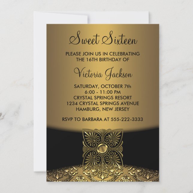 Black Damask Gold Classy Sweet Sixteen Party Invitation (Front)