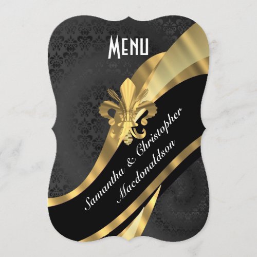 Black damask gold elegant formal wedding menu