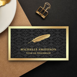 Black Damask Gold Foil Feather Vintage Quill Pen Business Card