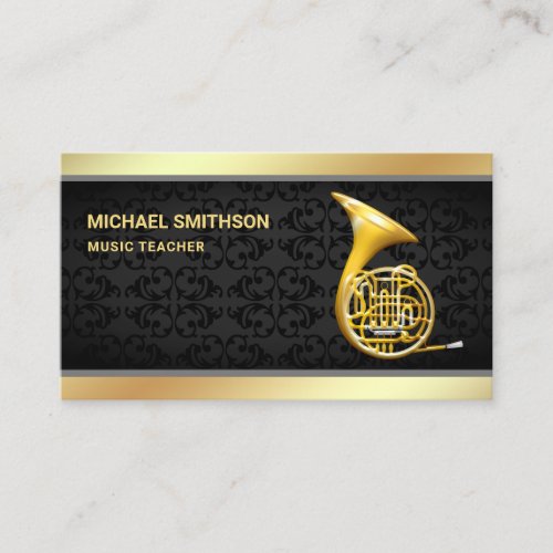 Black Damask Gold Foil French Horn Music Teacher Business Card