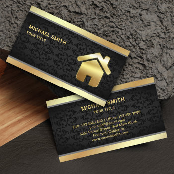 Black Damask Gold Foil Home Logo Real Estate Agent Business Card by ShabzDesigns at Zazzle