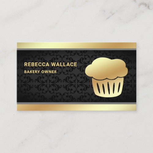 Black Damask Gold Foil Homemade Cupcake Bakery Business Card
