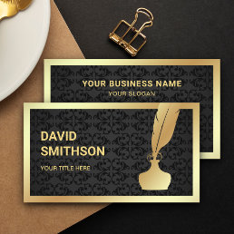 Black Damask Gold Foil Inkwell Feather Quill Pen Business Card