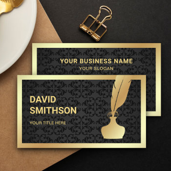 Black Damask Gold Foil Inkwell Feather Quill Pen Business Card by ShabzDesigns at Zazzle