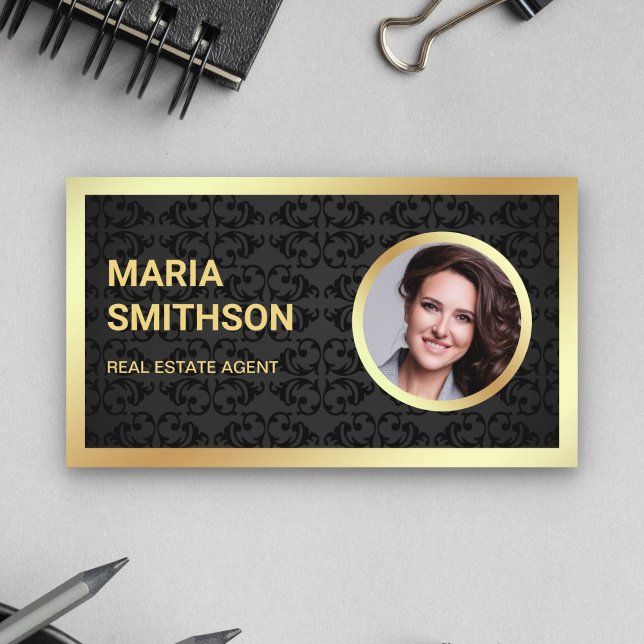 Black Damask Gold Foil Photo Real Estate Agent Business Card (Creator Uploaded)