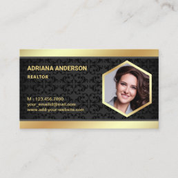 Black Damask Gold Foil Real Estate Photo Realtor Business Card