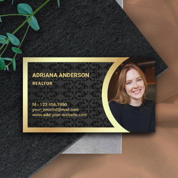 Black Damask Gold Foil Real Estate Photo Realtor Business Card by ShabzDesigns at Zazzle