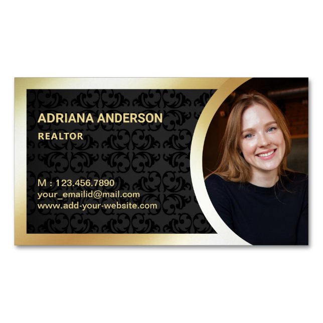 Black Damask Gold Foil Real Estate Photo Realtor Business Card Magnet (Front)