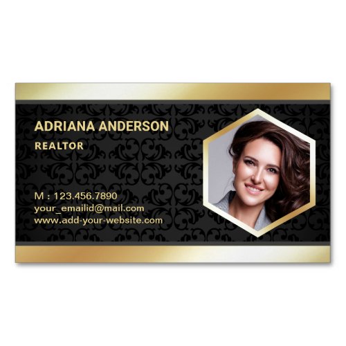 Black Damask Gold Foil Real Estate Photo Realtor Business Card Magnet