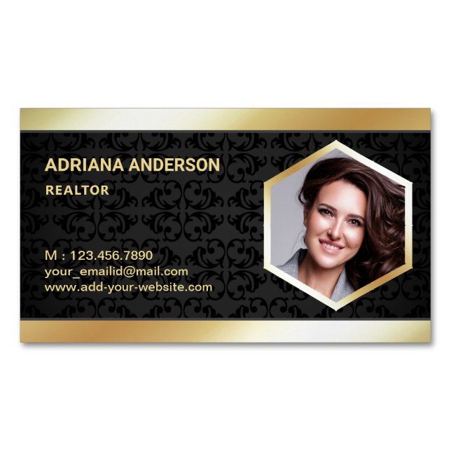 Black Damask Gold Foil Real Estate Photo Realtor Business Card Magnet (Front)