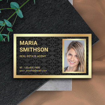 Black Damask Gold Foil Real Estate Realtor Photo Business Card by ShabzDesigns at Zazzle