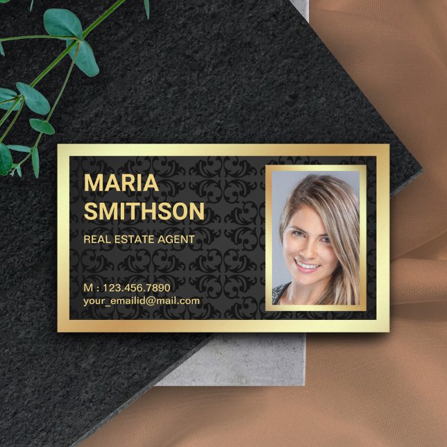 Black Damask Gold Foil Real Estate Realtor Photo Business Card (Creator Uploaded)