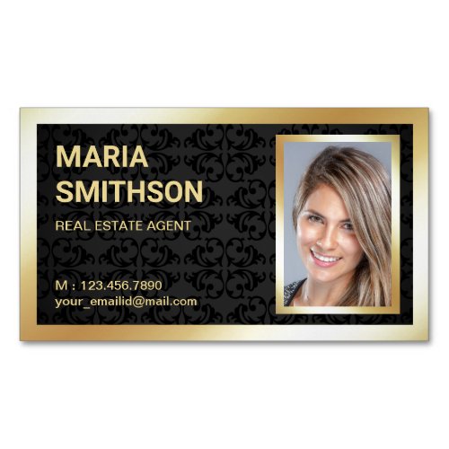 Black Damask Gold Foil Real Estate Realtor Photo Business Card Magnet