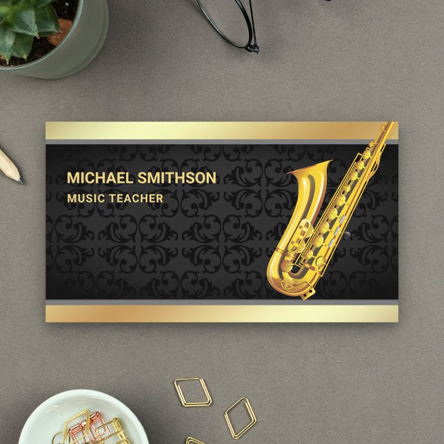 Black Damask Gold Foil Saxophone Music Teacher Business Card (Creator Uploaded)
