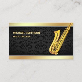 Black Damask Gold Foil Saxophone Music Teacher Business Card by ShabzDesigns at Zazzle