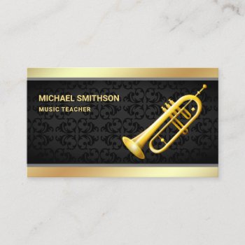 Black Damask Gold Foil Trumpet Music Teacher Business Card by ShabzDesigns at Zazzle