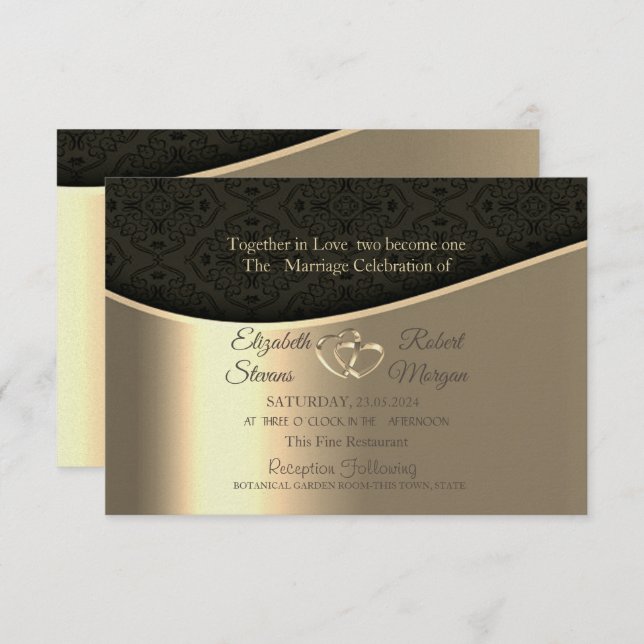  Black Damask Gold Hearts Wedding & Registry  Invitation (Front/Back)