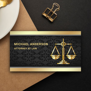 Black Damask Gold Justice Scale Lawyer Attorney Business Card by ShabzDesigns at Zazzle