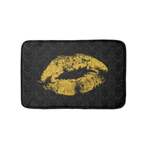 Black Damask & Gold Lips Bathroom Mat