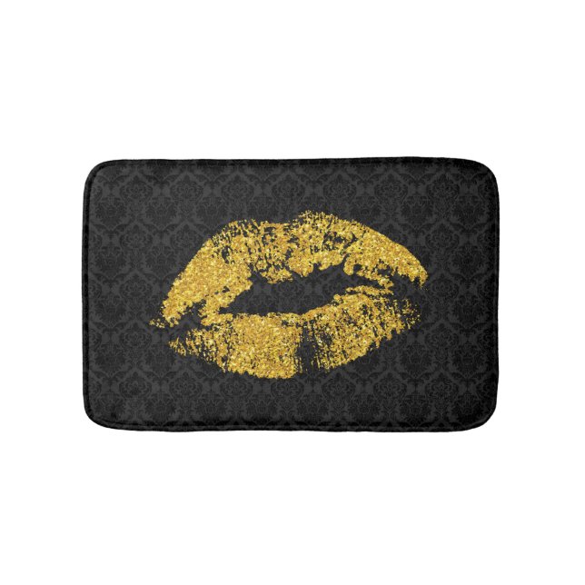 Black Damask & Gold Lips Bathroom Mat (Front)