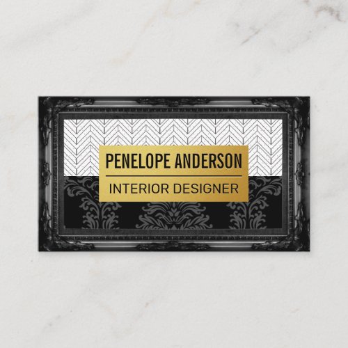 Black Damask Gold Metal  Classic Frame Business Card