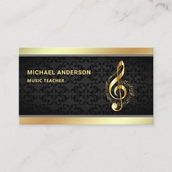 Black Damask Gold Musical Note Clef Music Teacher Business Card by ShabzDesigns at Zazzle