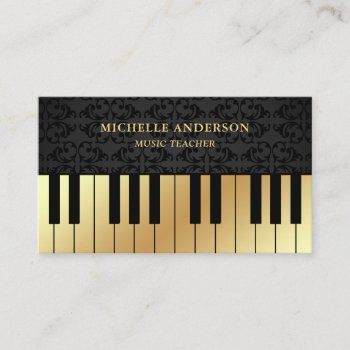 Black Damask Gold Piano Keyboard Teacher Pianist Business Card by ShabzDesigns at Zazzle
