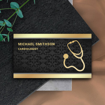 Black Damask Gold Stethoscope Medical Professional Business Card by ShabzDesigns at Zazzle