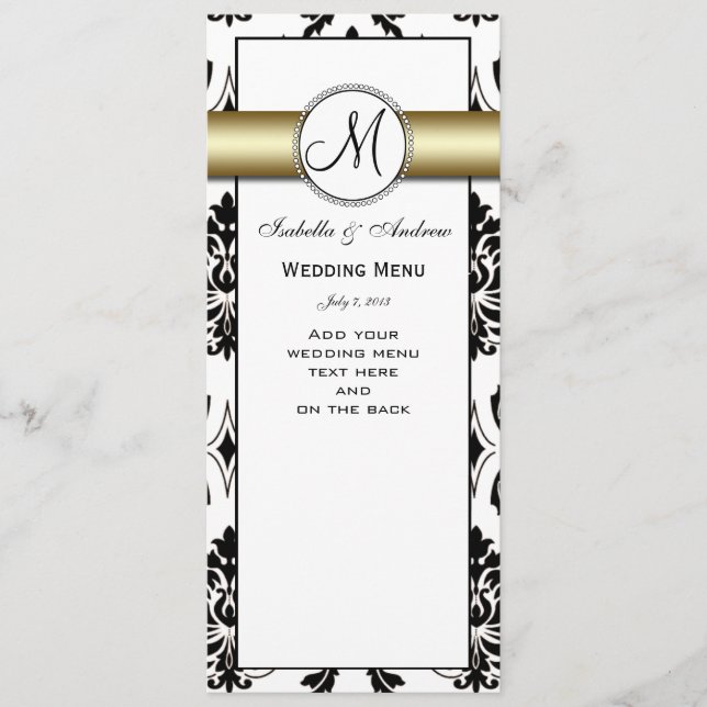 Black Damask Gold Wedding Menu (Front)