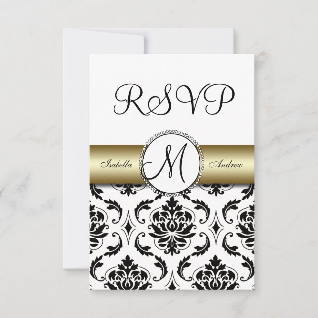 Black Damask Gold Wedding RSVP Card (Front)