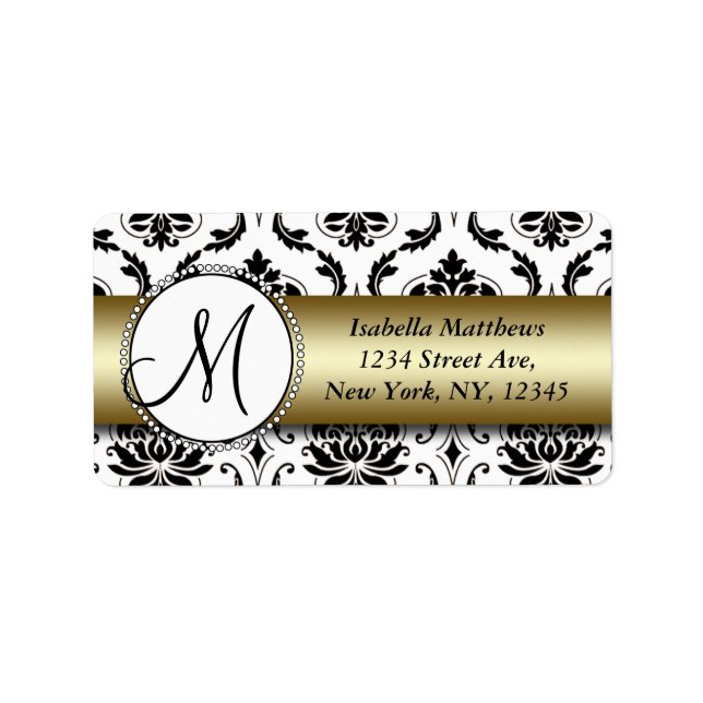 Black Damask Gold Wedding RSVP Return Address Label (Front)