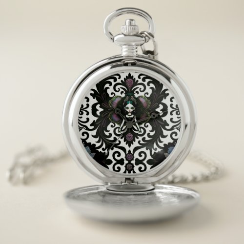 Black Damask Goth Girl Doll Pattern Pocket Watch