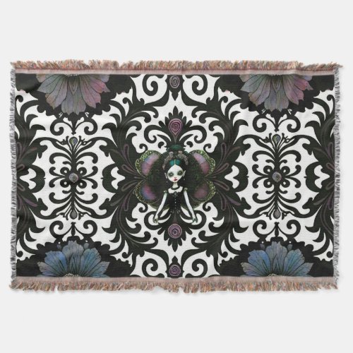 Black Damask Goth Girl Doll Pattern Throw Blanket