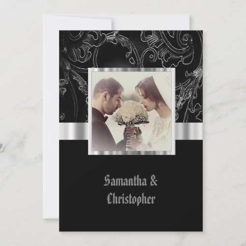 Black damask gothic wedding photo invitation