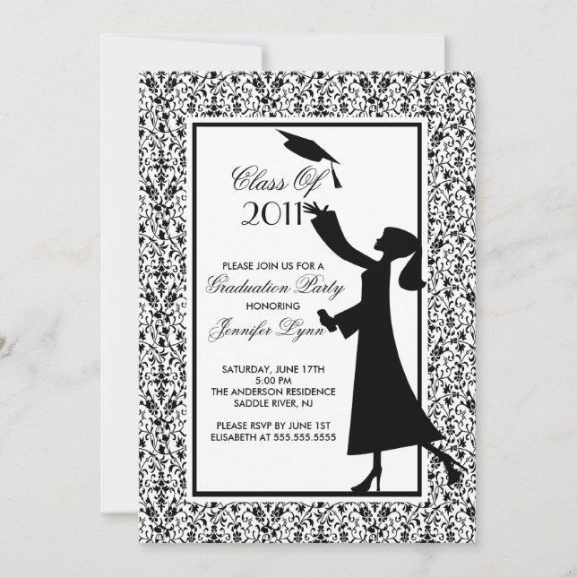 Black Damask Graduation Invitation Silhouette Grad (Front)
