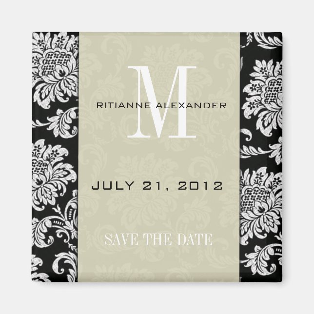 Black Damask Gray Monogram Save The Date Magnet (Front)