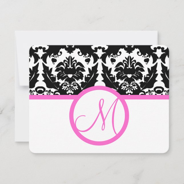 Black Damask Heart Swirl Bright Pink Trim RSVP (Front)