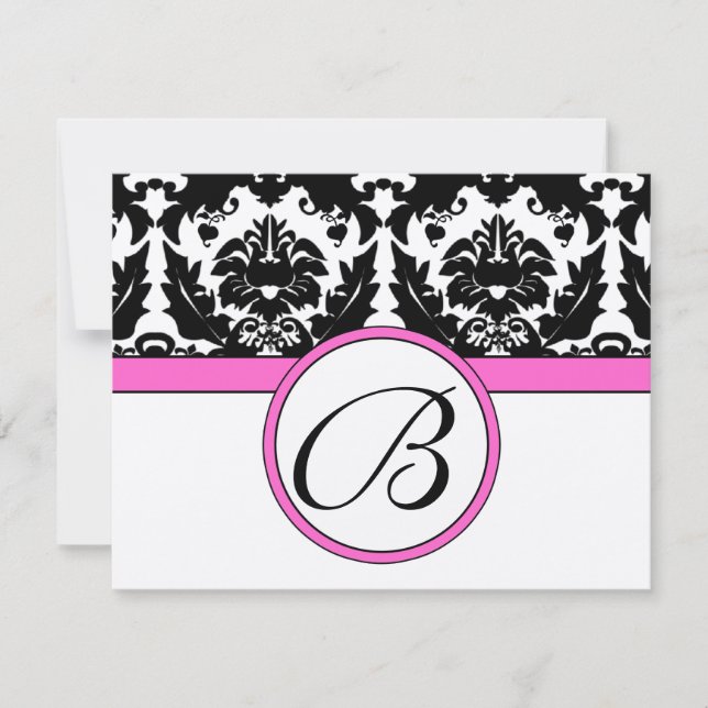 Black Damask Heart Swirl Bright Pink Trim RSVP Card (Front)