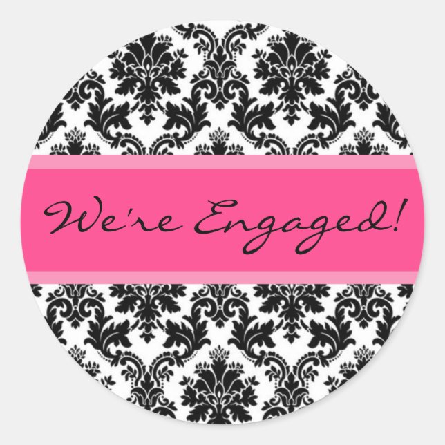 Black Damask Hot Pink Envelope Seal Favor Sticker (Front)