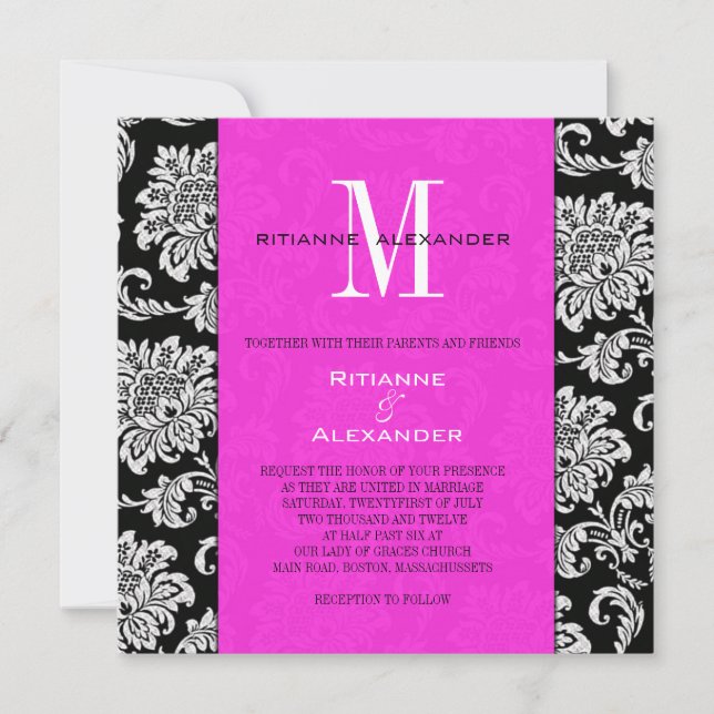 Black Damask Hot Pink Monogram Wedding Invitation (Front)