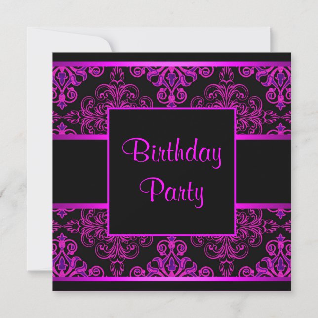 Black Damask Hot Pink Purple Birthday Party Invitation (Front)