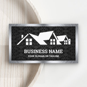 Black Damask House Roofing Construction Roofer Business Card
