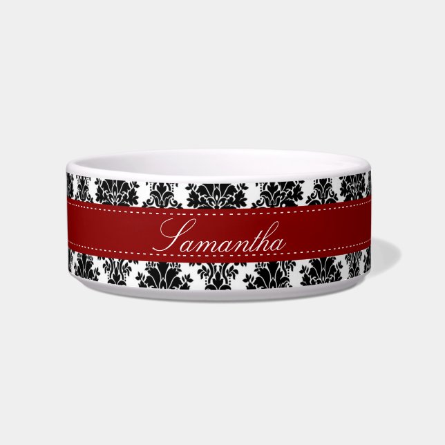 Black Damask Lace Broquade Brocade Pet Food Bowl (Front)